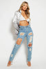 Short Heavily Distressed Light Wash Denim Jeans