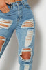 Short Heavily Distressed Light Wash Denim Jeans