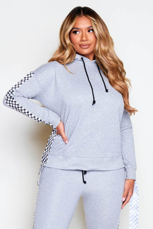 Grey Casual Hoodie with Check Print