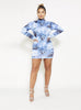 Blue Dragon Print Long Sleeve Bodycon Dress