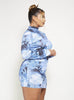 Blue Dragon Print Long Sleeve Bodycon Dress