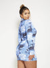 Blue Dragon Print Long Sleeve Bodycon Dress