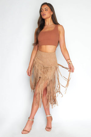 Beige Suede Fringe Skirt