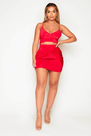 Recycled Red Twist Front Mini Skirt