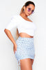 Blue Floral Ribbed Double Side Ruched Mini Skirt