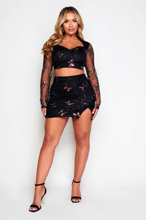 Black Mesh Sequin Embellished Mini Split Skirt