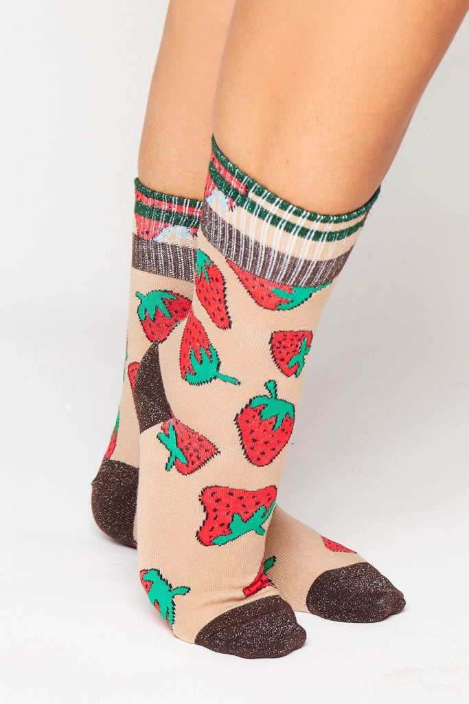 Camel Strawberry Printed Ribbed Socks