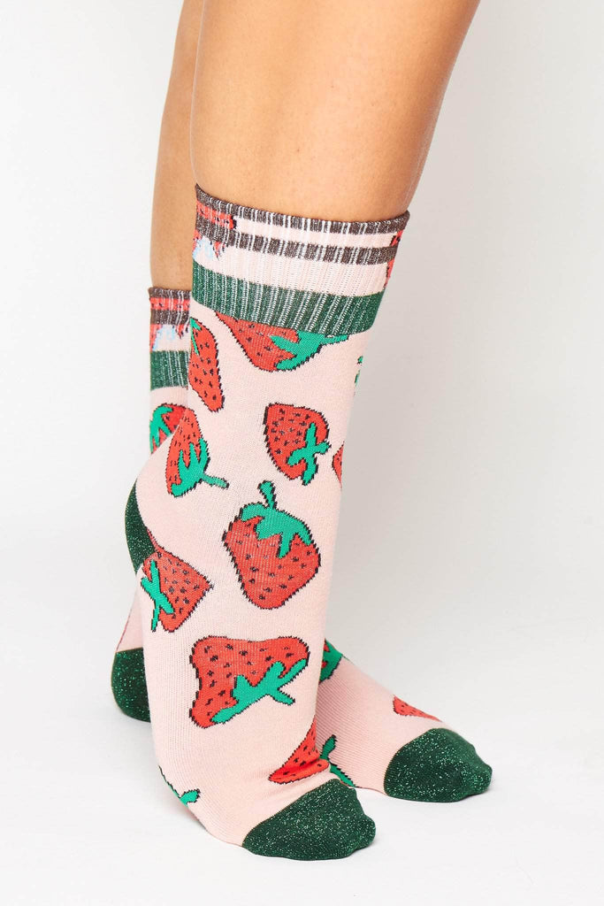 Pink Strawberry Printed Ribbed Socks