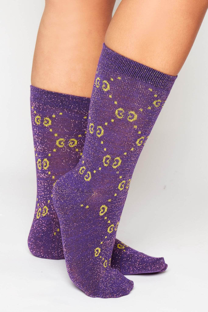 Purple Glitter G Monogram Socks