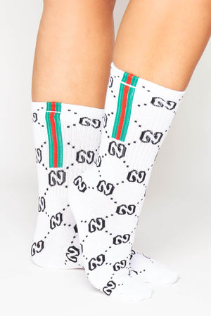 White Ribbed & Sports Stripe Monogram Socks