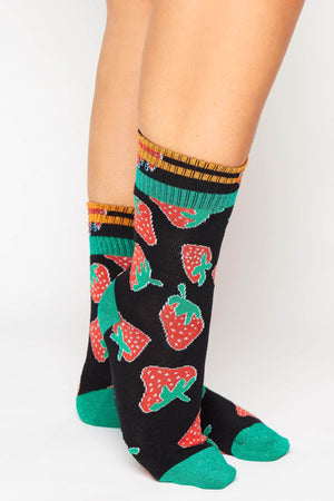 Black Strawberry Printed Ribbed Socks