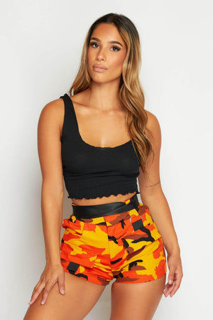 Orange Camo Printed Seat Belted Shorts