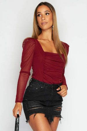 Wine Mesh Ruched Front Bodysuit