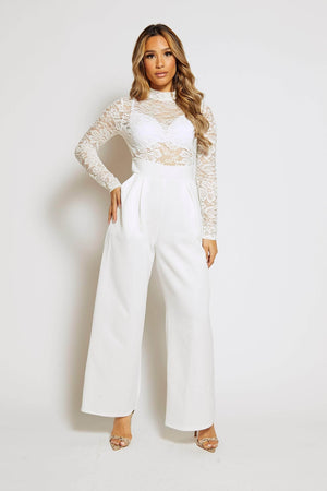 White Lace High Neck Wide Leg Jumpsuit