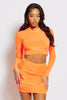 Neon Orange Slinky Ruched Midi Skirt & High Neck Top Co-ord