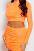 Neon Orange Slinky Ruched Midi Skirt & High Neck Top Co-ord