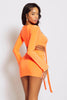 Neon Orange Slinky Mini Skirt & Front Tie Long Sleeve Crop Top