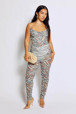 Multi Zebra Sheer Strappy Lace Up Jumpsuit