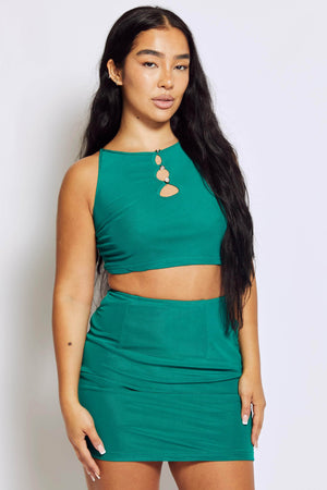 Emerald Mesh Crop Top & Mini Skirt with Diamantes