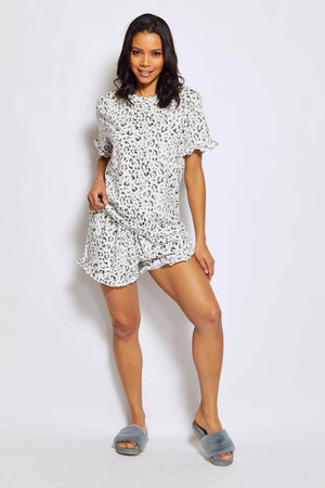 White Leopard Frill Tee & Shorts Loungeset