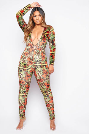 Rose Printed Velour Extreme Plunge Jumpsuit