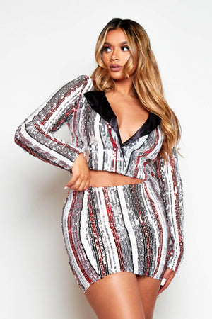 White Stripe Sequin Cropped Blazer & Mini Skirt Co-ord