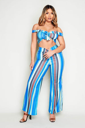 Blue Zig Zag Tie Front Crop Top & Trousers Co-ord