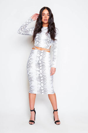 White Snake Tie Back Crop Top & Midi Skirt Co-ord