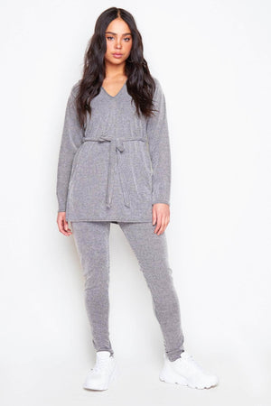 Grey Ribbed Belted Long Split Top & Joggers Co-ord