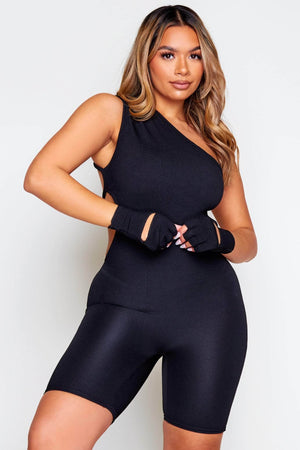 Black Ribbed Backless One Shoulder Unitard