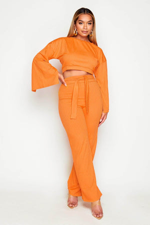 Mustard Rib Top & Belted Wide Leg Trouser Co-ord