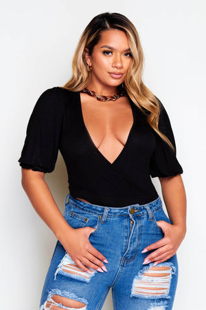 Black Wrap Puff Short Sleeve Bodysuit