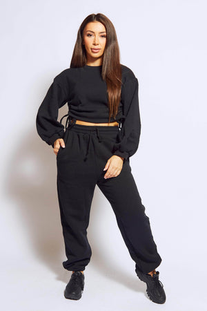 Black Marl Crop Side Tie Sweater & Joggers Co-ord