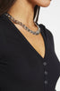 Black V Neck Buttoned Long Sleeve Rib Bodysuit