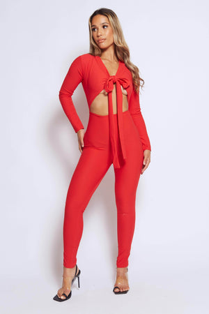 Red Tie Front Long Sleeve Jumpsuit