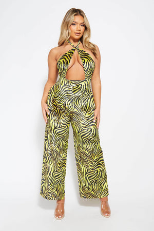 Yellow Zebra Velour Halterneck Jumpsuit