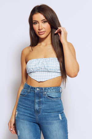 Blue Gingham Bandeau Ruched Crop Top