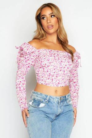 Pink Ditsy Floral Shoulder Tie Crop Blouse