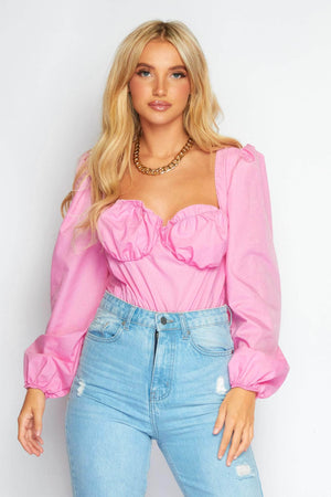 Pink Ruched Bustier Contrast Long Sleeve Bodysuit