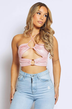 Pink Glitter Cut Out Halter Neck Top