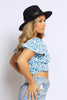 Blue Ditsy Floral Wrap Crop Top with Shirred Hem
