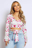 White Abstract Floral V Neck Tie Back Crop Top