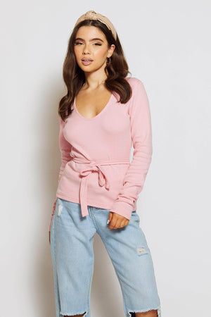 Pink Jersey V Neck Long Sleeve Top