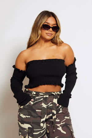 Black Knit Bardot Long Sleeve Crop Top