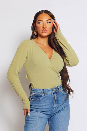 Olive Rib Wrap Long Sleeve Belted Bodysuit