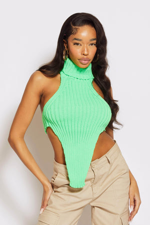 Neon Green Chunky Polo Knit Backless Dip Hem Top