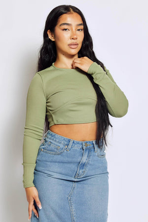 Sage Rib Underbust Detail Long Sleeve Crop Top