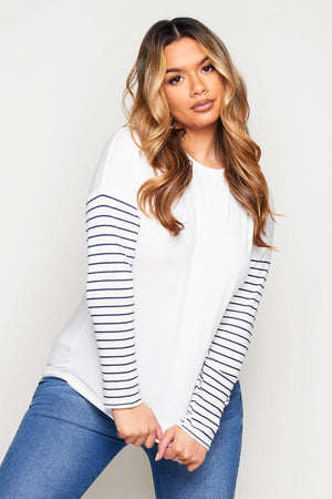 White Casual Top with Stripe Sleeves