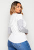 White Casual Top with Stripe Sleeves