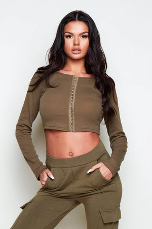 Khaki Ribbed Casual Hook Eye Crop Top